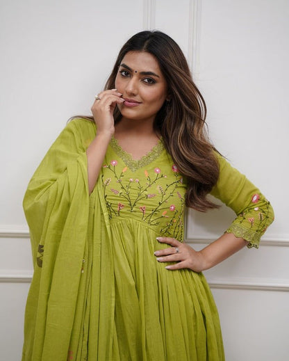Beautiful Embroidery and Sequence Work Set For Women (Green)