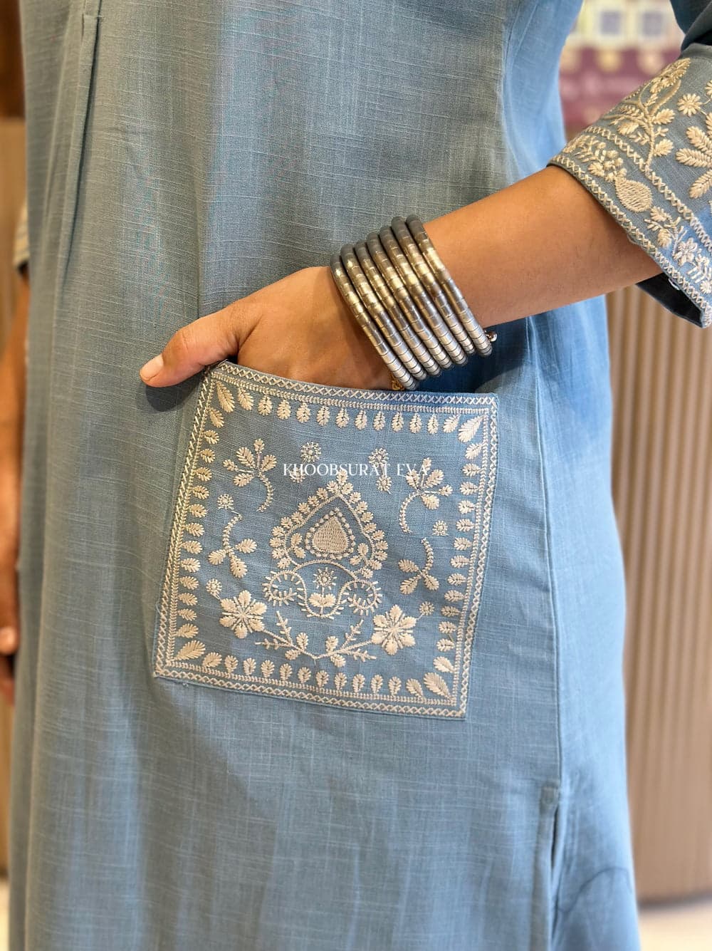 Sky Blue Beautiful Cotton Slub with Both Sides Pocket