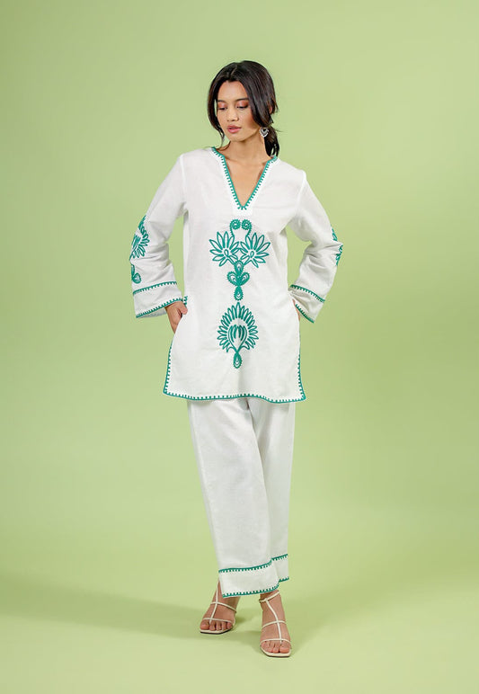 White Floral Embroidered Co-ord Kurta Set