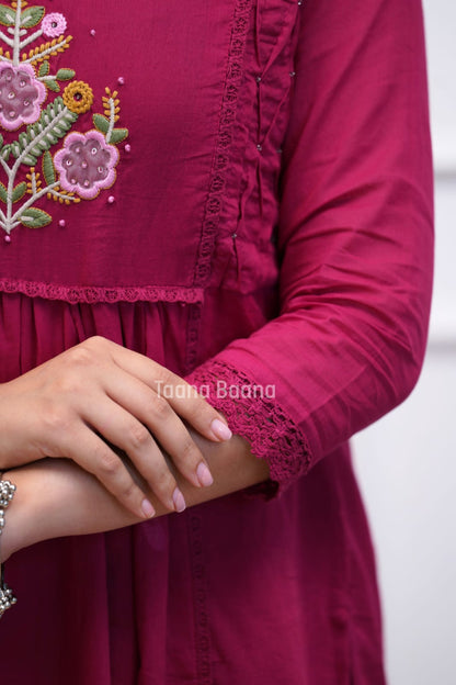 Pink Floral Embroidered Anarkali Kurta Set with Dupatta