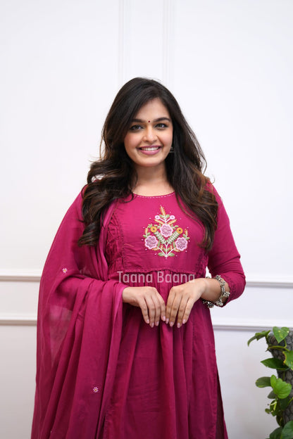 Pink Floral Embroidered Anarkali Kurta Set with Dupatta