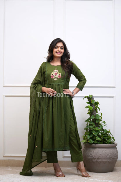 Olive Green Floral Embroidered Anarkali Kurta Set with Dupatta