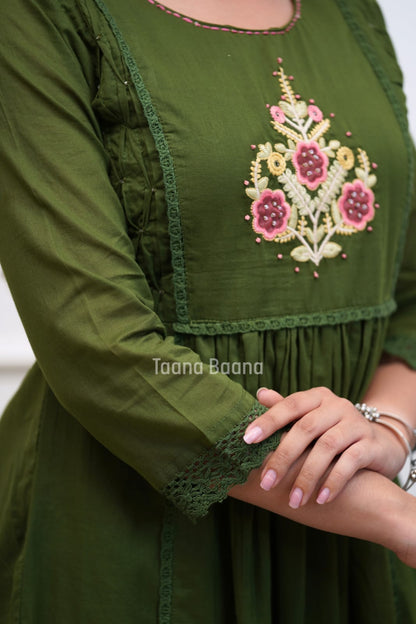 Olive Green Floral Embroidered Anarkali Kurta Set with Dupatta