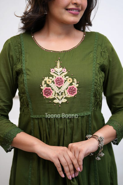Olive Green Floral Embroidered Anarkali Kurta Set with Dupatta