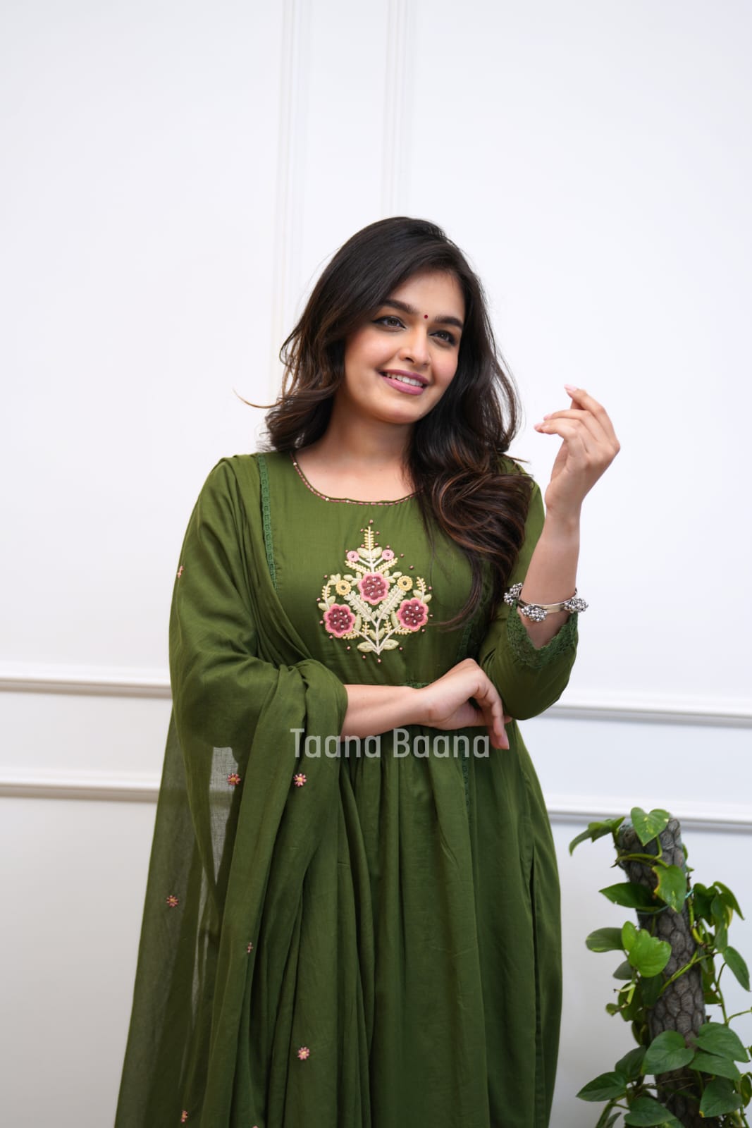 Olive Green Floral Embroidered Anarkali Kurta Set with Dupatta