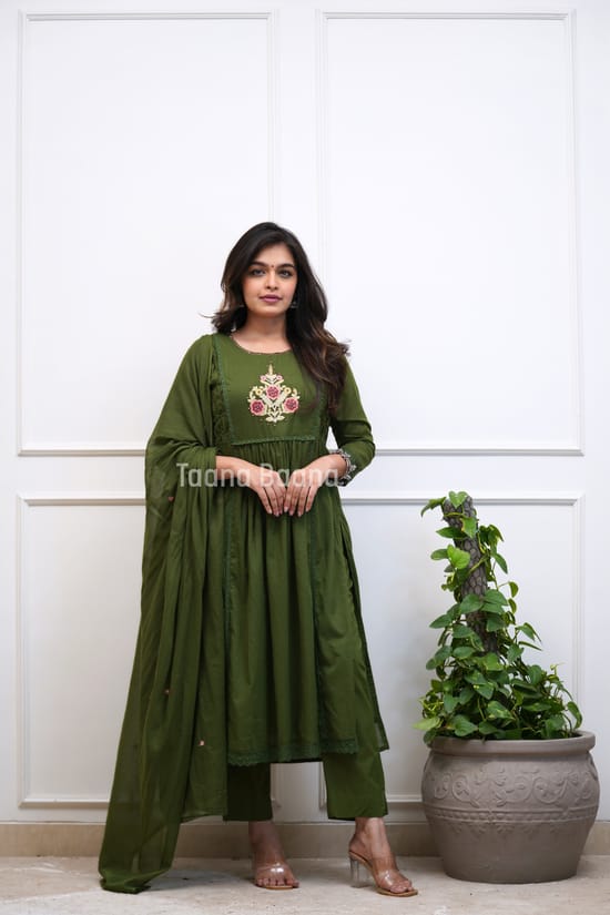 Olive Green Floral Embroidered Anarkali Kurta Set with Dupatta