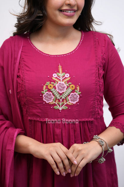 Pink Floral Embroidered Anarkali Kurta Set with Dupatta