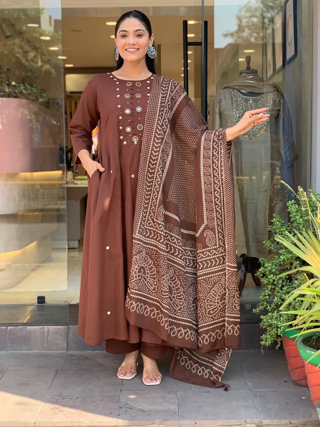 Chocolate Brown Mirror Work Anarkali Kurta Set with Bandhani Dupatta