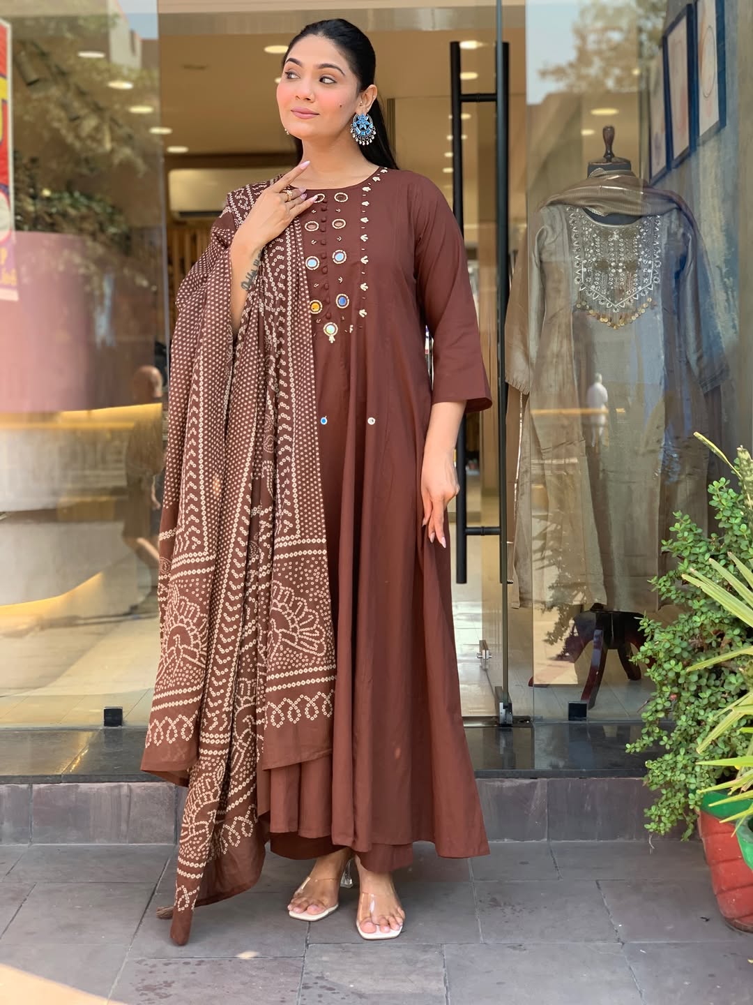 Chocolate Brown Mirror Work Anarkali Kurta Set with Bandhani Dupatta