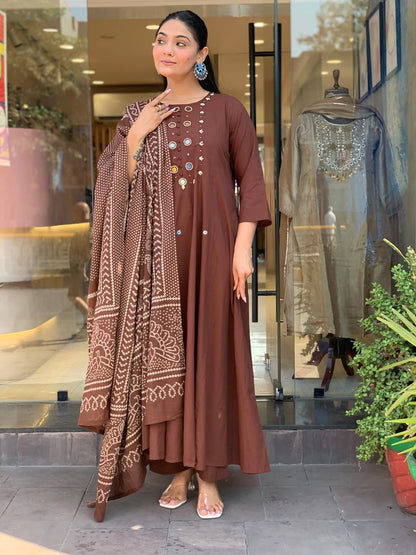 Chocolate Brown Mirror Work Anarkali Kurta Set with Bandhani Dupatta