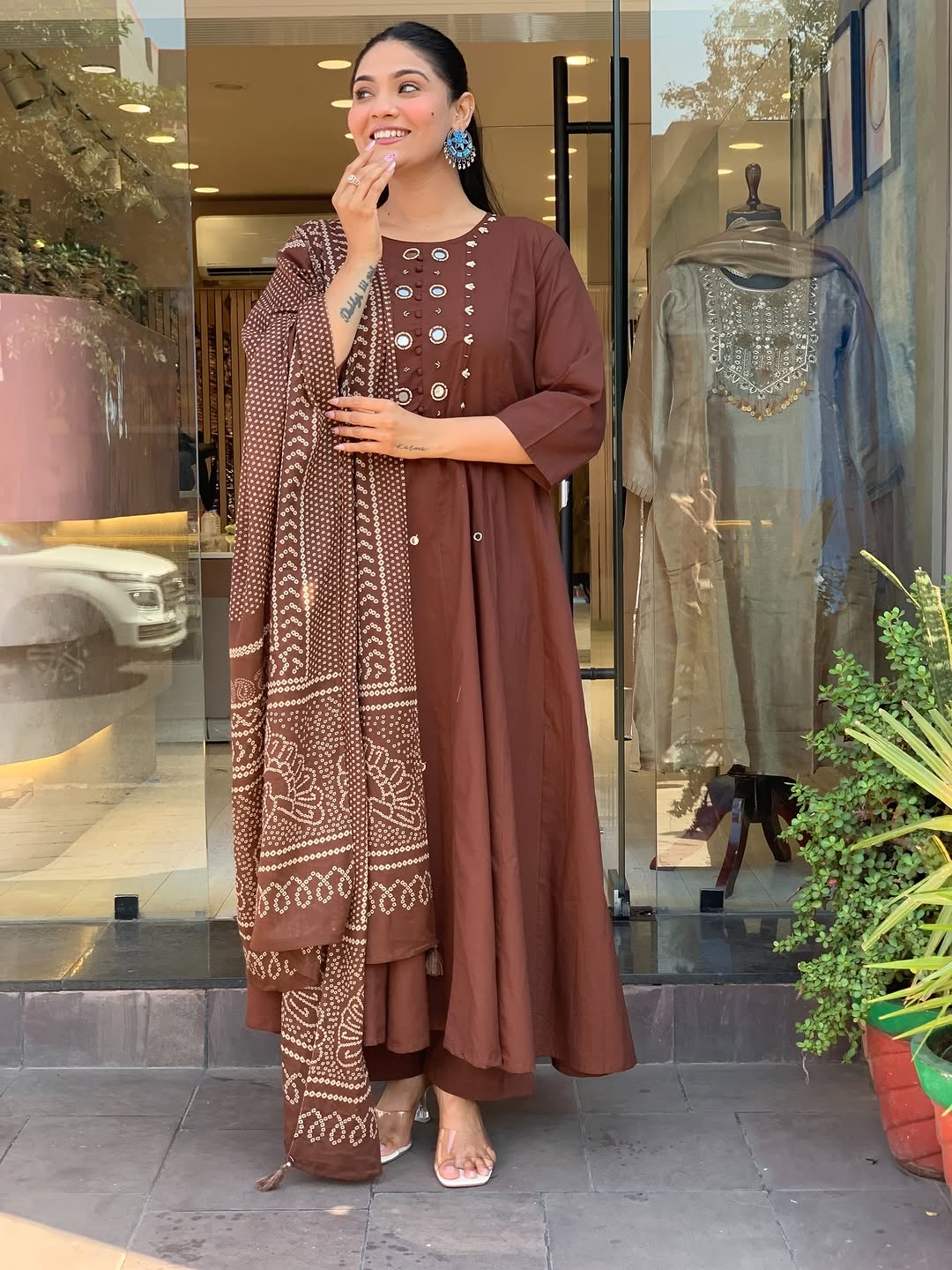 Chocolate Brown Mirror Work Anarkali Kurta Set with Bandhani Dupatta