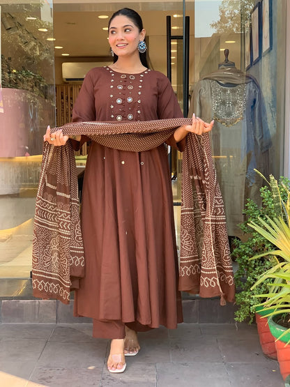 Chocolate Brown Mirror Work Anarkali Kurta Set with Bandhani Dupatta