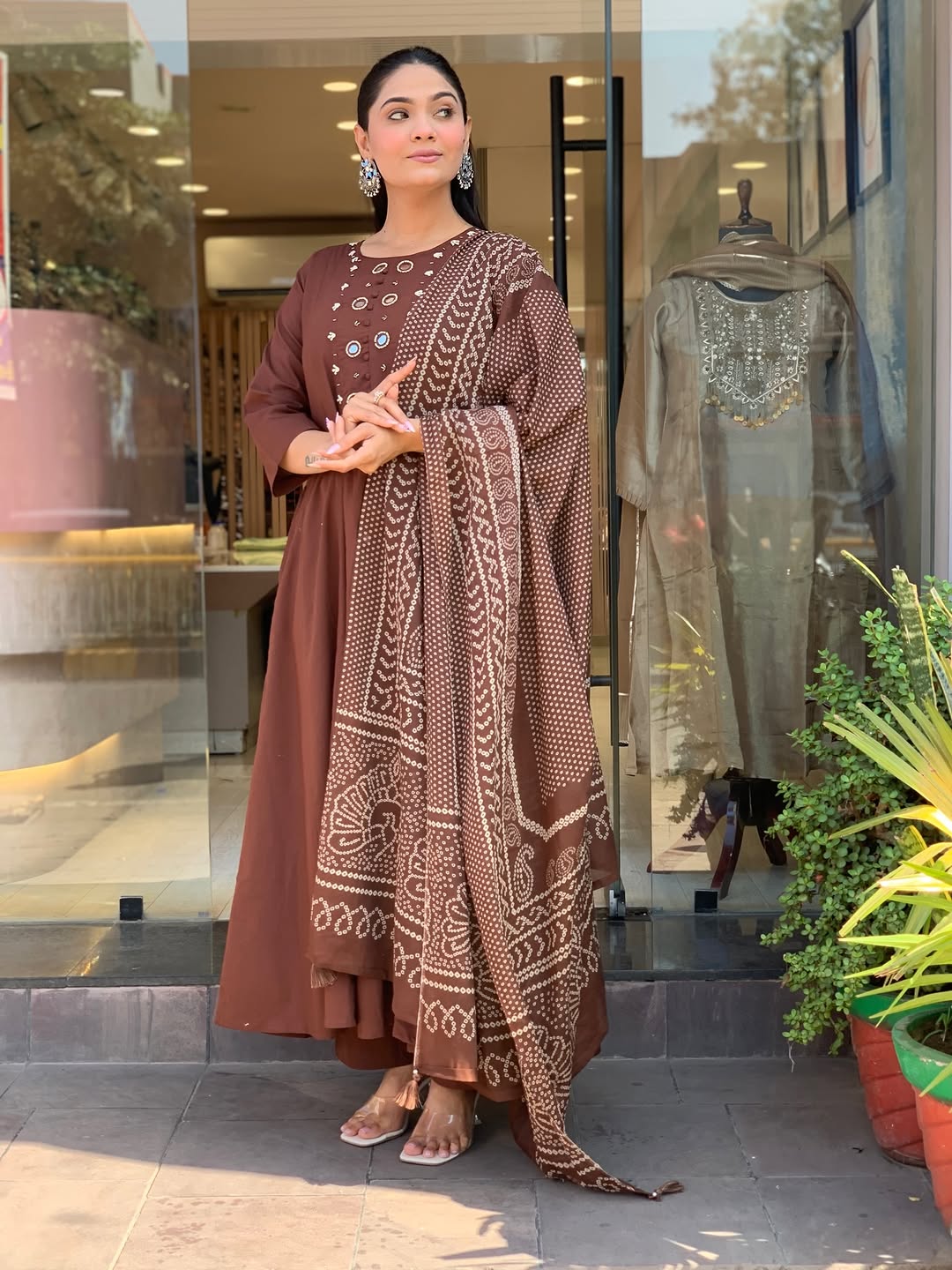 Chocolate Brown Mirror Work Anarkali Kurta Set with Bandhani Dupatta