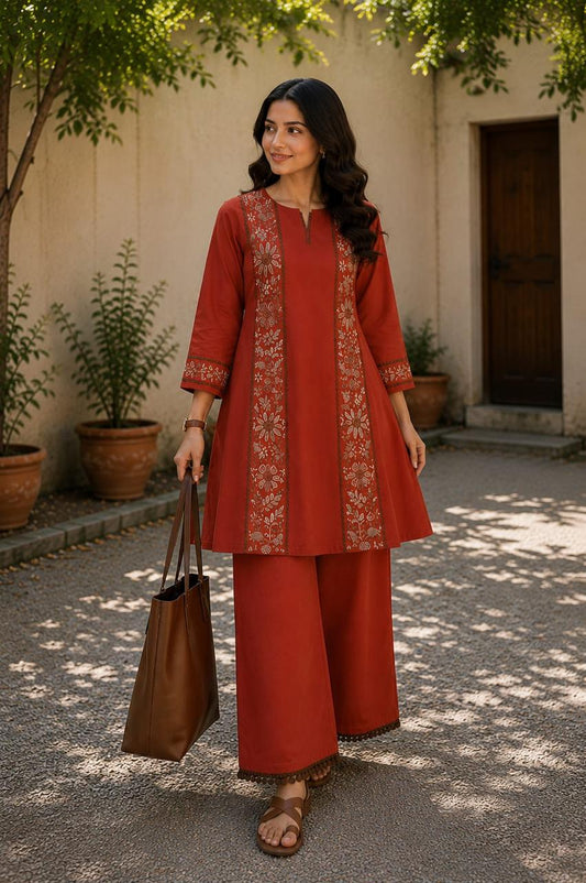 Rust Red Embroidered Kurta Palazzo Set