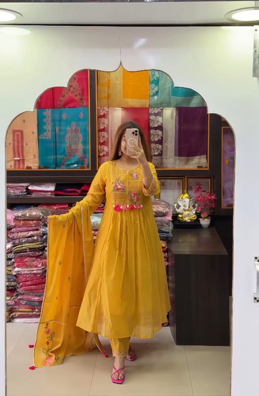 Mustard Yellow Floral Embroidered Anarkali Kurta Set with Pants