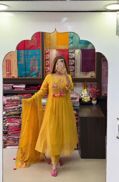 Mustard Yellow Floral Embroidered Anarkali Kurta Set with Pants
