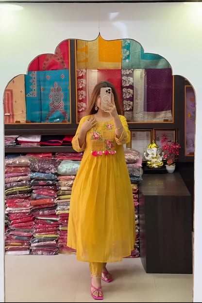 Mustard Yellow Floral Embroidered Anarkali Kurta Set with Pants