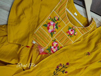 Mustard Yellow Floral Embroidered Anarkali Kurta Set with Pants