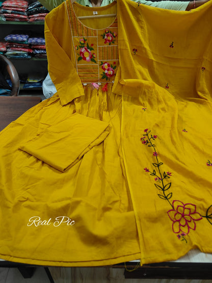Mustard Yellow Floral Embroidered Anarkali Kurta Set with Pants