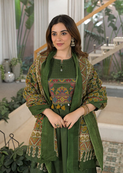 Olive Green Embroidered Anarkali Kurta Pant Set with Printed Dupatta