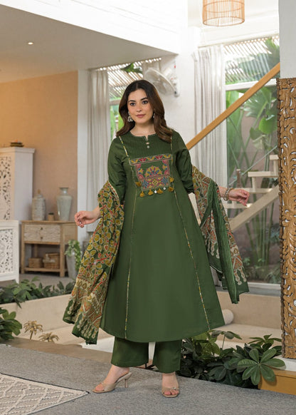 Olive Green Embroidered Anarkali Kurta Pant Set with Printed Dupatta