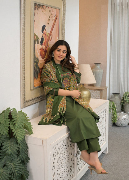 Olive Green Embroidered Anarkali Kurta Pant Set with Printed Dupatta
