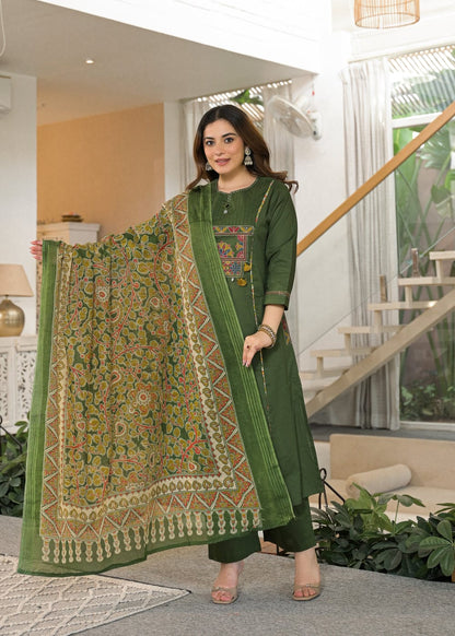 Olive Green Embroidered Anarkali Kurta Pant Set with Printed Dupatta