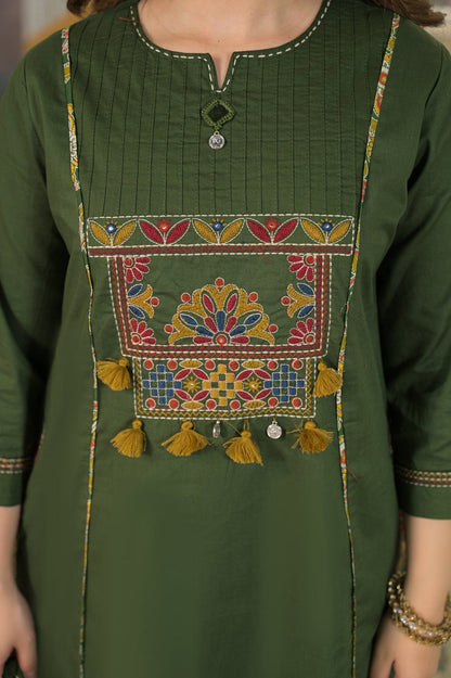 Olive Green Embroidered Anarkali Kurta Pant Set with Printed Dupatta
