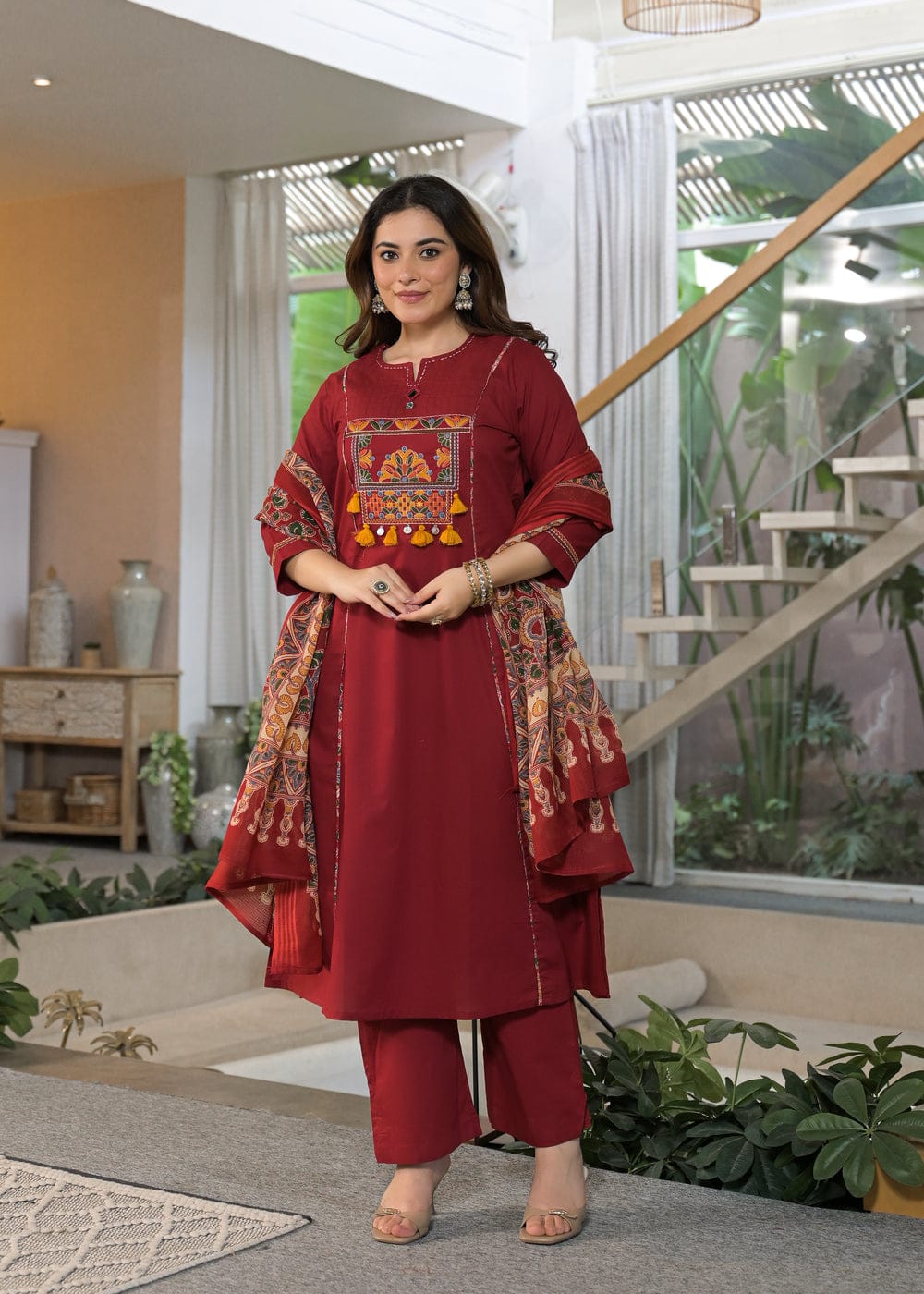 Maroon Embroidered Kurta Pant Set with Printed Dupatta