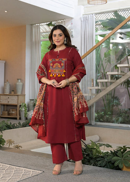 Maroon Embroidered Kurta Pant Set with Printed Dupatta
