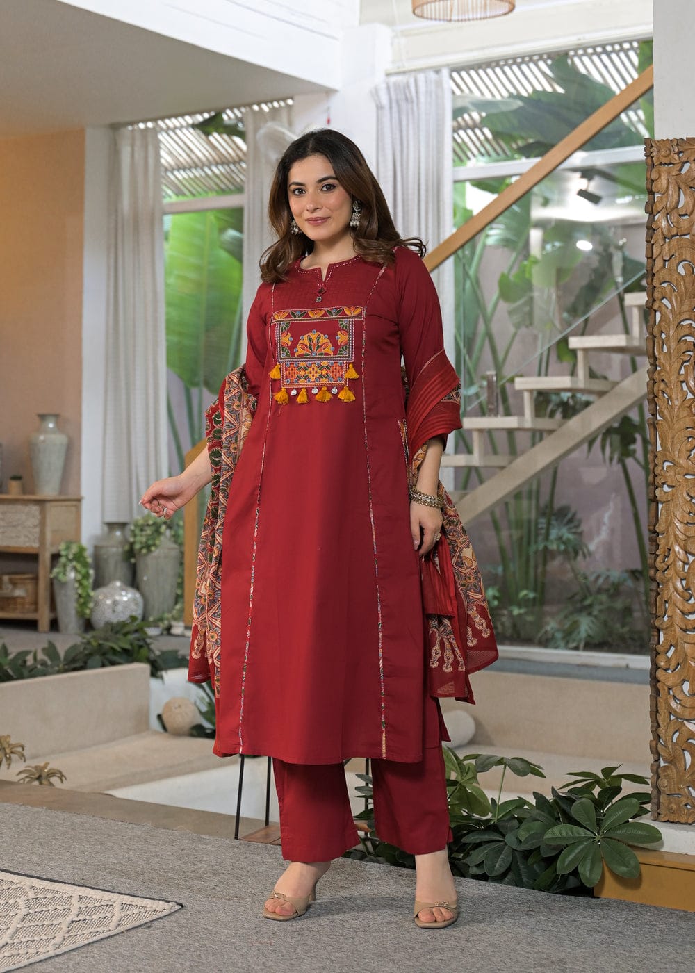 Maroon Embroidered Kurta Pant Set with Printed Dupatta