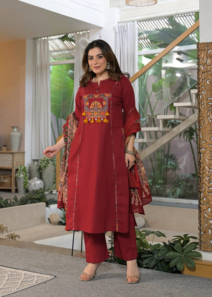Maroon Embroidered Kurta Pant Set with Printed Dupatta