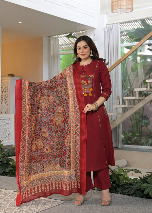 Maroon Embroidered Kurta Pant Set with Printed Dupatta