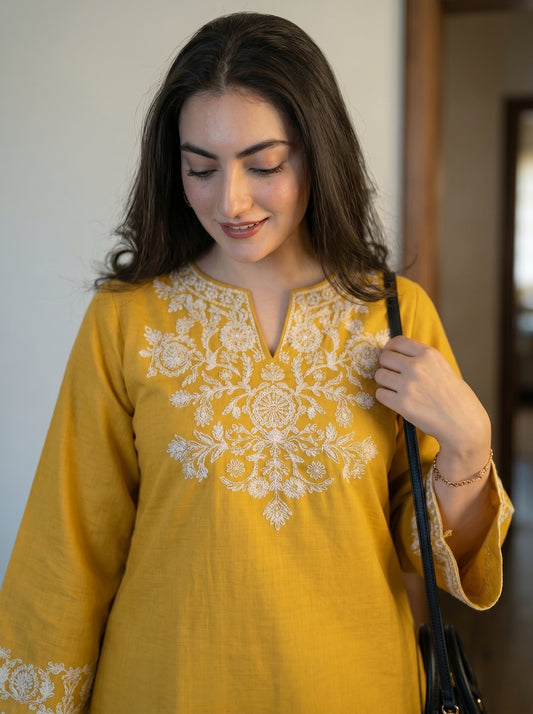 Embroidery Yellow Cotton Kurta Set with Palazzo Pants