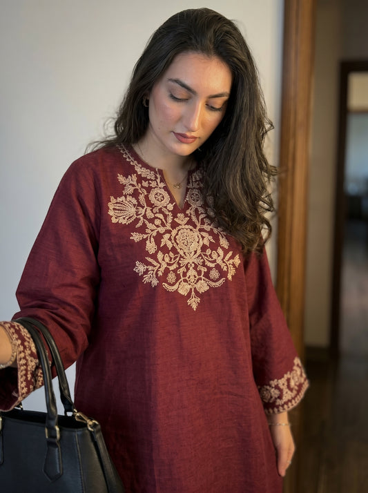 Embroidery Red Cotton Kurta Set with Palazzo Pants