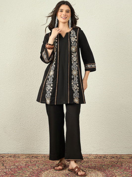 Black Embroidered Kurta Palazzo Set