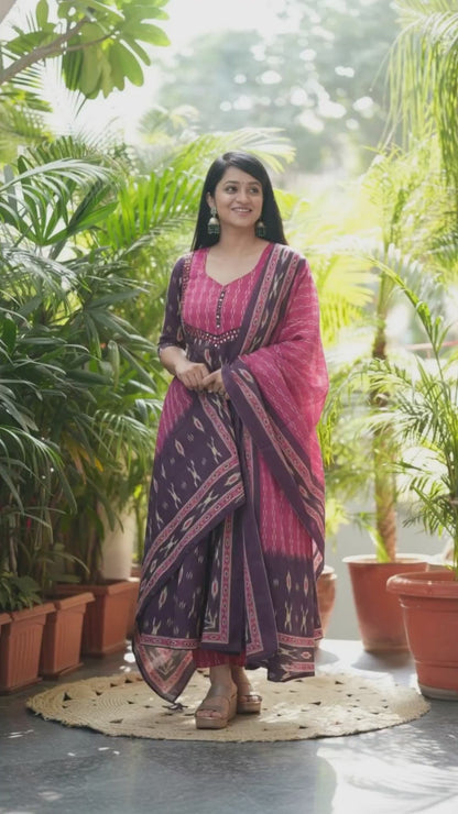 Pink And Purple Cotton Kurta Set With Dupatta For Women