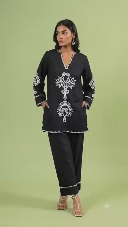 Black Floral Embroidered Co-ord Kurta Set