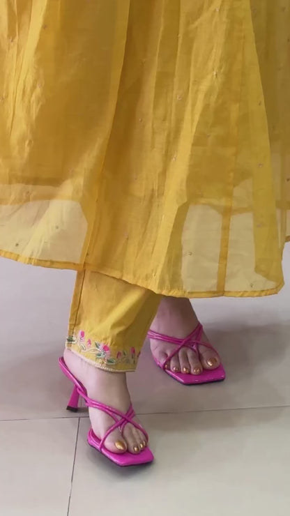 Mustard Yellow Floral Embroidered Anarkali Kurta Set with Pants
