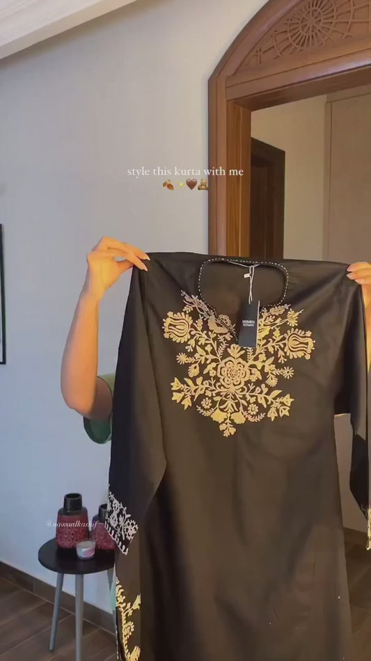 Embroidery Black Cotton Kurta Set with Palazzo Pants